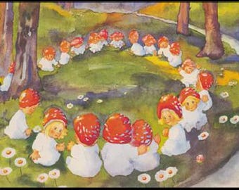 May include: Watercolor painting of a group of children in white outfits and red mushroom-shaped hats, gathered in a circle on a grassy field. Daisies and trees are also visible in the scene.