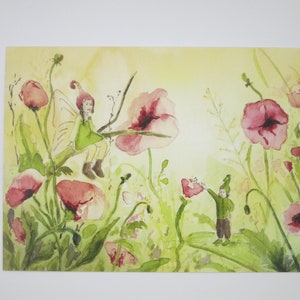 Elfes sur un pré fleuri - table de saison - carte postale - Waldorf - Art.