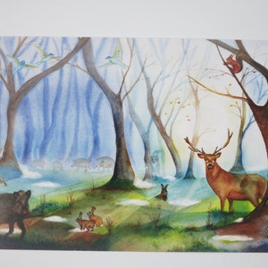 Tiere im Winter - Postkarte für den  Jahreszeitentisch - Winterwald mit Tieren - Waldorf- Art. Nr. WIPK346