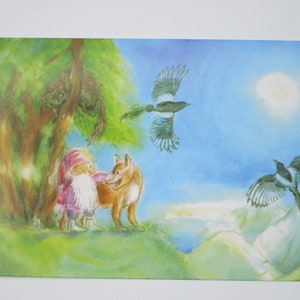 Nain avec renarde - carte postale - table saisonnière - Waldorf- décoration d'été-table saisonnière été- renard avec nain- article n°HEPK158