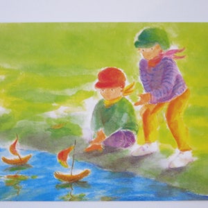 Bambini al ruscello - cartolina - tavola stagionale - Waldorf - estate - bambini che giocano sull'acqua - Art
