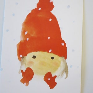 Chapéu de lã vermelho - cartão postal para a mesa sazonal - menina - inverno - neve - Waldorf- item no.