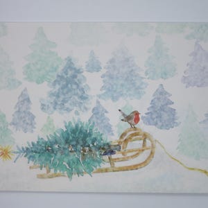 Robin visite l'arbre de Noël - grande carte postale - Noël - Avent - Neige - Waldorf - Saint-Nicolas - Art.