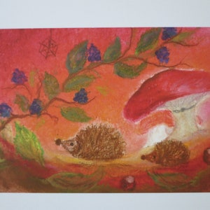 Hedgehog mother with cubs - postcard - seasonal table - Waldorf