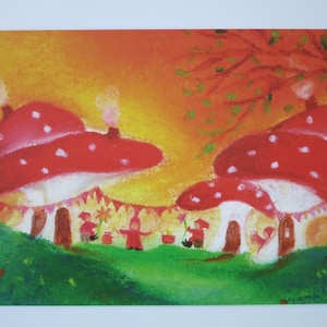 Fête dans le village nain - carte postale pour la table de saison - Waldorf - nains - gnomes - amanites mouches - automne - Art.N°HEPK225
