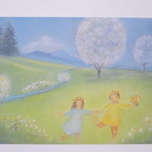 Árvores em flor - cartão postal - mesa sazonal - Waldorf - primavera - item infantil no.