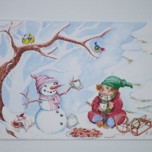 Zwerg Wunschbunt mit Schneemann - Postkarte für den Jahreszeitentisch - Winter - Schnee - Waldorf- Art. Nr. WIPK352