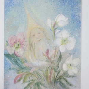 Zwerg mit Christrose - Postkarte für den Jahreszeitentisch - Weihnachten - Gnom - Wichtel - Waldorf- Art. Nr. WIPK221