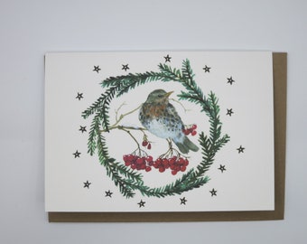 Vogel im Beerenkranz - Weihnachskarte mit Umschlag - Doppelkarte