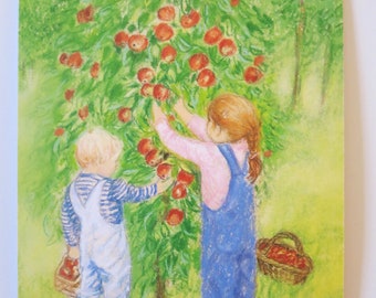 Picking apples - seasonal table - postcard - Waldorf