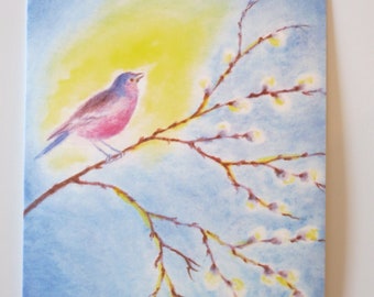 Vogel auf Kätzchenzweig - Jahreszeitentisch - Postkarte - Waldorf