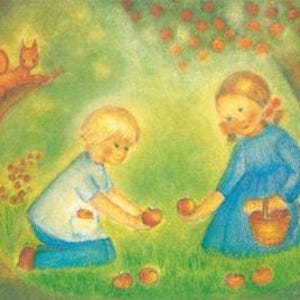 Apfelernte - Jahreszeitentisch - Postkarte - Waldorf - Herbst - Erntedank - Kinder- Art. Nr.HEPK282
