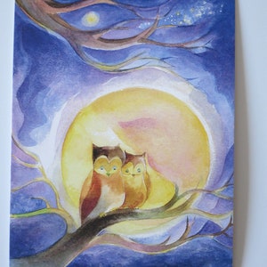 Owl Night - Carte postale - Table saisonnière - Waldorf - Automne - Hibou - Lune - Art.