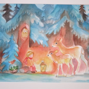 Hiver - carte postale - table saisonnière - Waldorf - nains - hiver - neige - Noël - cerf - hiver - réf. WIPK74