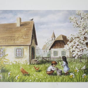 Frühlingsgarten - Postkarte für den Jahreszeitentisch - Waldorf - Frühling - Kinder im Garten - Bauernhof- Art.Nr FRPK229
