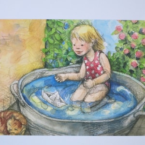 Giugno - Tavola Stagionale - Cartolina - Waldorf - Ragazza nella Piscina per Bambini - Estate - Gatto - Art. SOPK273