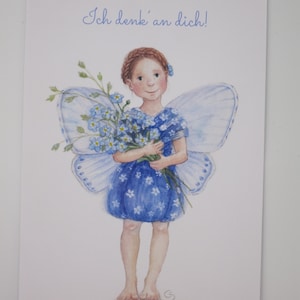 Ich denk an dich - Blumenelfe Vergissmeinnicht- Postkarte - Jahreszeitentisch - Geburtstagskarte - Waldorf - Art. SOPK44