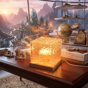 Puede incluir: Una lámpara cúbica ámbar texturizada con base de madera sobre un escritorio de madera oscura. Una pequeña estatua de león, libros y un globo terráqueo también están en el escritorio. El fondo muestra una ciudad futurista y montañas.