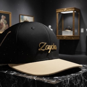 Könnte beinhalten: Schwarze Baseballkappe mit beigem Schirm. Auf der Vorderseite der Kappe befindet sich das goldfarbene Wort "Zayden". Die Kappe wird auf einer Marmoroberfläche präsentiert.