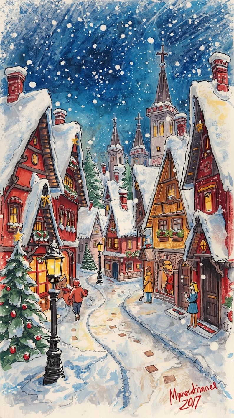 Christmas Town Painting | Cozy Winter Village Art (digital Download) - Etsy