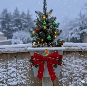 Puede incluir: Decoración navideña festiva para exteriores con un pequeño árbol de hoja perenne adornado con adornos y luces. El árbol se encuentra en una jardinera gris decorada con un gran lazo rojo, piñas y un pequeño pájaro. Nieve cayendo en el fondo.