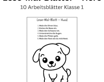 Fiches de lecture et de coloriage : Animaux | Exercices de lecture CP | 10 fiches | École primaire | Compréhension de lecture | PDF