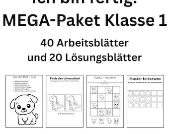 May include: A collection of printable worksheets for first grade students. The package includes 40 worksheets and 20 answer sheets. The worksheets cover various activities, including reading, coloring, and pattern recognition. The text on the image says "I'm done!" and "MEGA-Package Class 1".