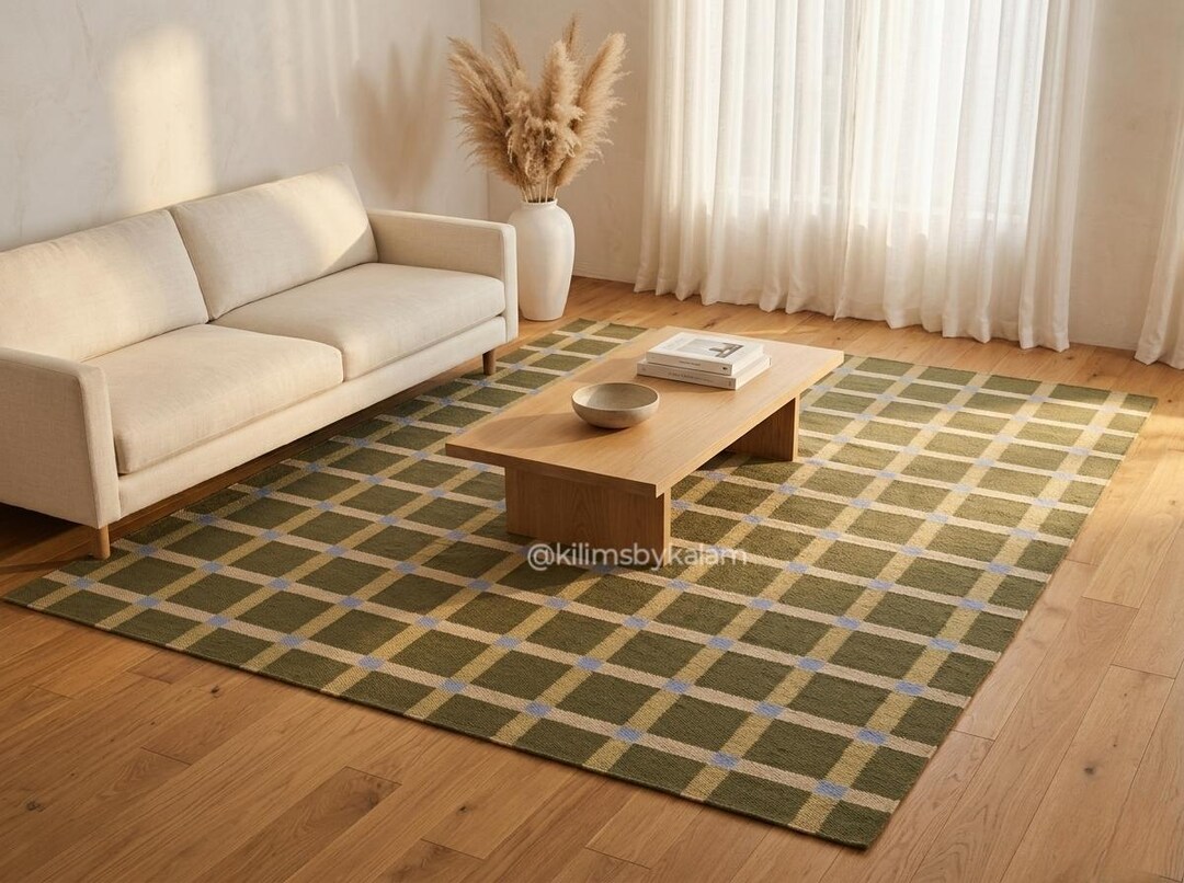Handwoven Olive Green Wool Area Rug | Minimalist Check Grid Flat Weave ...