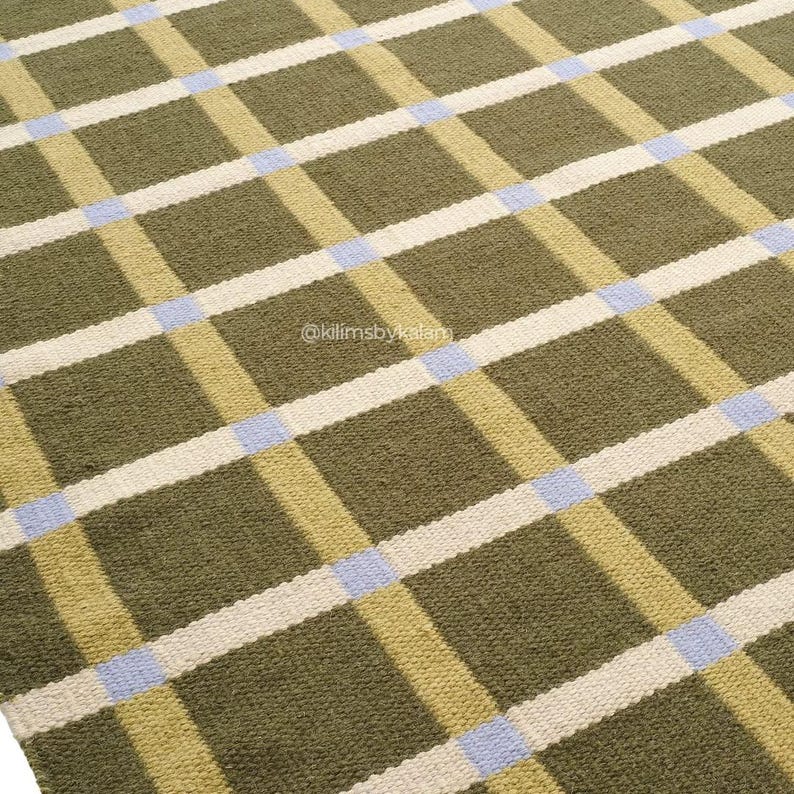 Handwoven Olive Green Wool Area Rug | Minimalist Check Grid Flat Weave ...
