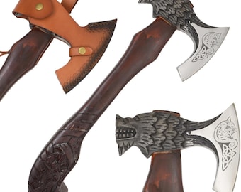 Medieval Warrior Dragon-Headed Viking Bearded Ax, Carbon Steel Blade with Norse Knotwork Hatchet, Hand-Carved Wood Handle, Leather Sheath.