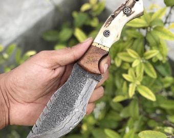 Handmade Damascus Steel Tracker Knife-Custom Hand Forged Survival Hunting Knife with Sheath-Outdoor Camping Utility Tool-Anniversary Gift.