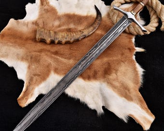 Hand Forged Damascus Steel Viking Sword, Medieval Fantasy Display Collectible Sword Comes With A leather Sheath Gift For Him, Groomsmen Gift