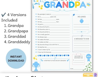 All About Grandpa Questionnaire Printable, Kids Memory Keepsake (Digital Download)