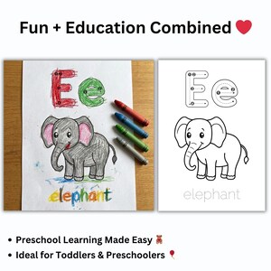 May include: Two drawings of an elephant with the word "elephant" below. One is colored with crayons, the other is a black and white outline. The text "Fun + Education Combined" is at the top. Crayons are scattered around the drawings.