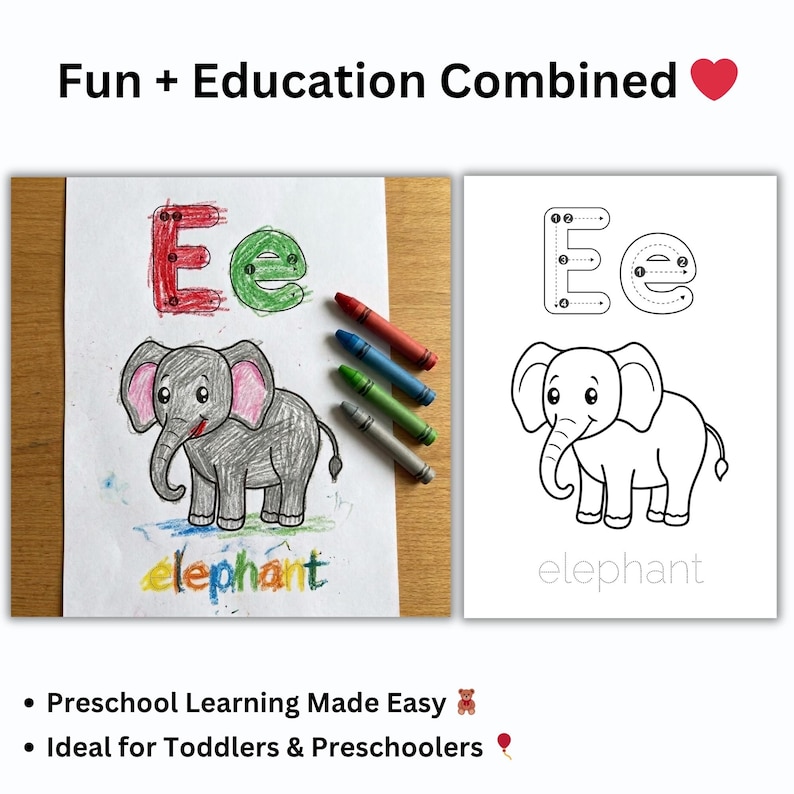 May include: Two drawings of an elephant with the word "elephant" below. One is colored with crayons, the other is a black and white outline. The text "Fun + Education Combined" is at the top. Crayons are scattered around the drawings.