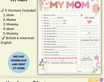 All About My Mom Questionnaire | Mother's Day Kids Activity (Digital Download)