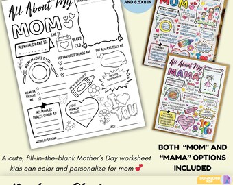 All About Mom Mama Printable Worksheet, Mother's Day Kids Activity (Digital Download)