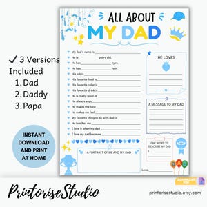 Op de afbeelding: Een printbare "Alles over mijn vader" vragenlijst in blauw en geel. Bevat invulvelden voor persoonlijke details, favoriete dingen en een bericht. Biedt drie versies: Papa, Daddy en Dad.