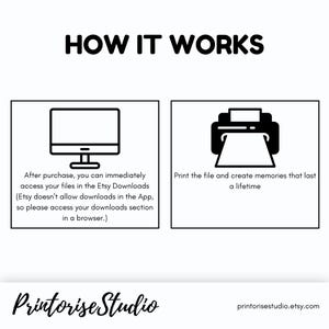 May include: Black and white graphic showing the steps to access and print files. The text reads "HOW IT WORKS" with instructions on accessing files after purchase and printing them to create lasting memories. The Printorise Studio logo is at the bottom.