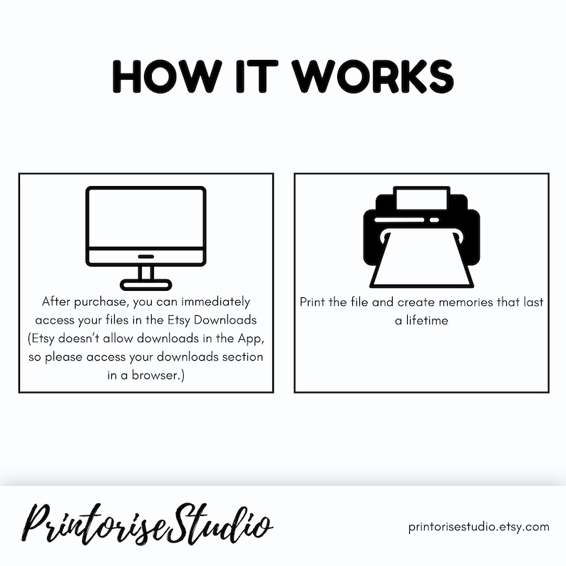 May include: Black and white graphic showing the steps to access and print files. The text reads "HOW IT WORKS" with instructions on accessing files after purchase and printing them to create lasting memories. The Printorise Studio logo is at the bottom.