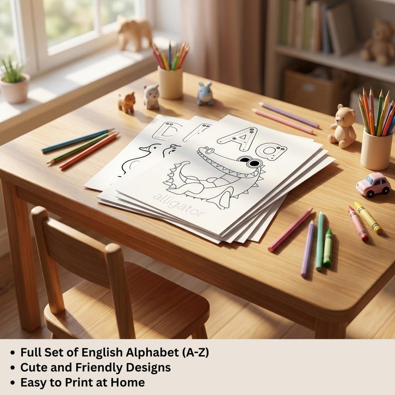 May include: A wooden table displays a stack of alphabet coloring pages with an alligator illustration. Colored pencils and crayons are scattered around the pages. The text on the pages reads "alligator" and "A". Small toy animals and a toy car are also on the table.