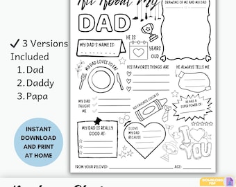 All About My Dad Questionnaire, Father's Day Activity, Kids Coloring Page (Digital Download)