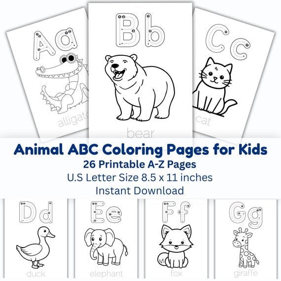 A–Z Animal Alphabet Coloring Book for Kids | Kids Tracing ABC Worksheets | Preschool Printable Learning PDF | Digital Download
