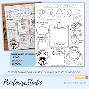 Op de afbeelding: Zwart-wit printbare kleurplaten met de titel "All About My Dad". De pagina's bevatten invulvakken voor personalisatie, zoals "My Dad's Portrait" en "My dad's favorite color is". De tekst "Instant Download = Instant Smiles & Instant Memories" is ook opgenomen.