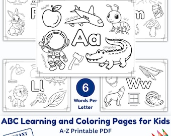 Alphabet Coloring Pages, ABC Learning Worksheets, Preschool Homeschool Activity (Digital Download)