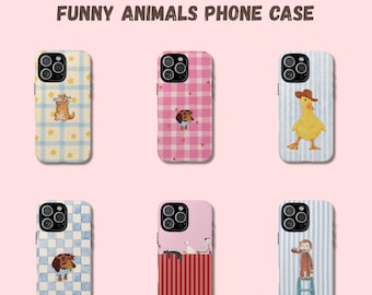 Funny Animals Pastel Stripes Phone Case, Cat Dog Monkey Goose For iPhone 17 16 15 14 13 12 11 Samsung Google Pixel, Gift for Animal Lover