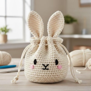 Pode incluir: Uma bolsa de coelho de crochê creme com orelhas compridas e fecho de cordão. O rosto do coelho apresenta olhos pretos, nariz preto e bochechas rosadas. A bolsa está sobre uma superfície de madeira.