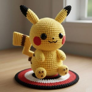 Può includere: Bambola Pikachu all'uncinetto gialla fatta a mano con occhi neri, guance rosse e coda a zig-zag. La bambola è seduta su un tappetino rotondo con strisce rosse, bianche e nere. Le orecchie hanno le punte nere.
