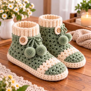 Puede incluir: Un par de zapatillas de ganchillo en color verde salvia y crema con puño acanalado, un botón de madera decorativo en el lateral y dos pompones a juego unidos a un cordón. La zona de la puntera presenta un patrón de ganchillo en color crema.