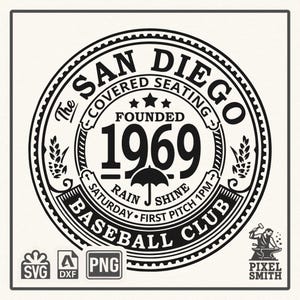 Puede incluir: Diseño circular en blanco y negro para el San Diego Baseball Club, con texto que dice "The San Diego Baseball Club" y "Fundado en 1969". Incluye un gráfico de paraguas y el texto "Llueva o haga sol, sábado, primera entrada 13:00".